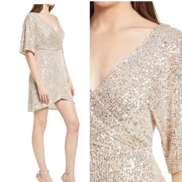 Lulu's Size Large Gold Sequin Faux Wrap Short Sleeve Mini Party Dress New w/tag - Picture 15 of 15
